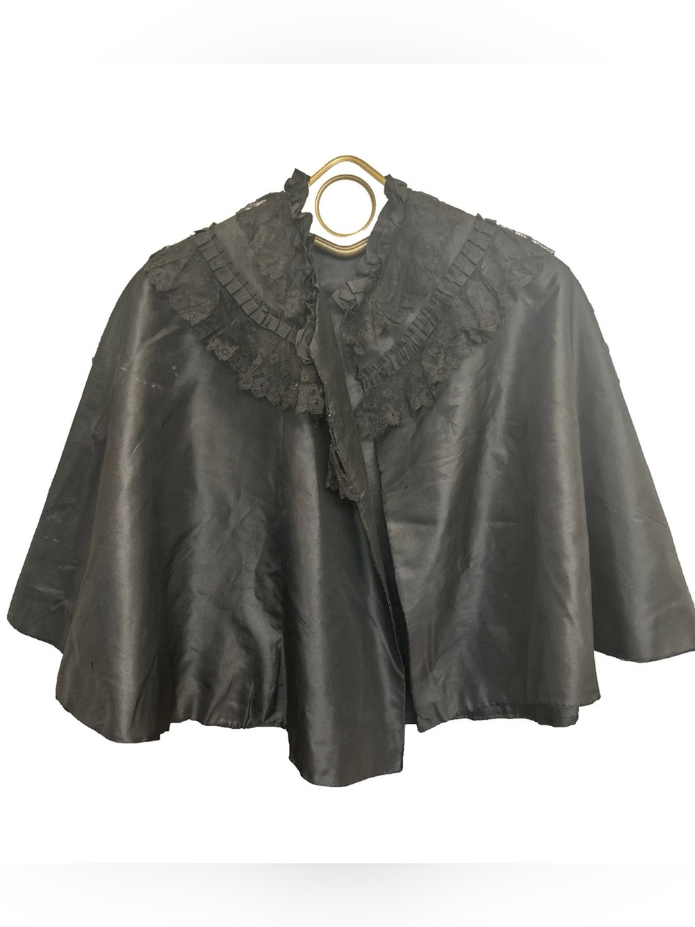 Antique 1880s Victorian Black Satin Evening Capelet Mourning Cloak Lace Trim